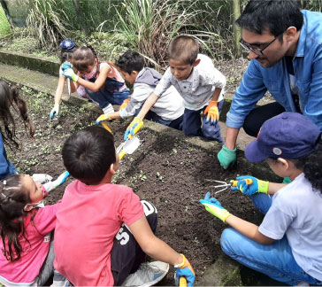 Imagen del jardin de la escuela con niños cultivando