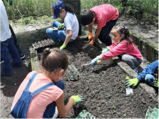 Imagen del jardin de la escuela con niños cultivando